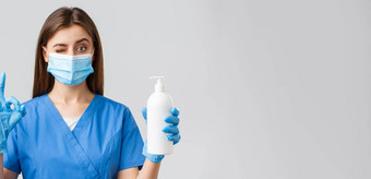 科维德防止病毒医疗保健工人检疫概念自信可爱的女护士医生蓝色的实习医生风云医疗面具手套批准推荐肥皂手洗手液