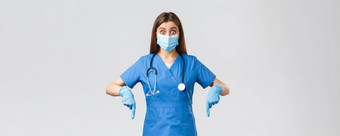 科维德防止病毒健康医疗保健工人检疫概念兴奋感兴趣女医生护士蓝色的实习医生风云医疗面具指出手指感兴趣
