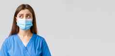 科维德防止病毒健康医疗保健工人检疫概念持怀疑态度陷入困境的女护士医生蓝色的实习医生风云医疗面具上左角落里不确定的困惑