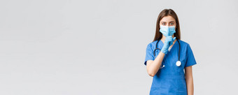 科维德防止病毒健康医疗保健工人检疫概念的声音女护士蓝色的实习医生风云医疗面具手套嘘声新闻手指嘴唇