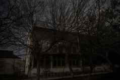 房子鬼森林晚上被遗弃的闹鬼恐怖房子神秘的建筑死树森林超现实主义的灯