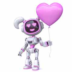 可爱的粉红色的女孩机器人持有心形状的气球