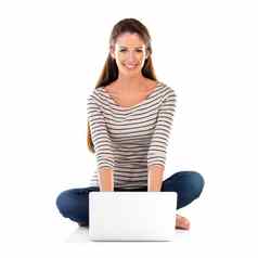 在线日期工作室肖像年轻的女人移动PC白色背景