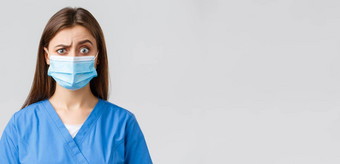 科维德防止病毒健康医疗保健工人检疫概念有吸引力的女医生护士诊所穿蓝色的实习医生风云医疗面具持怀疑态度可疑的