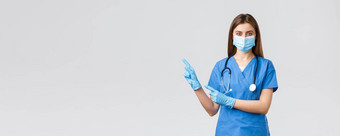科维德防止病毒健康医疗保健工人检疫概念愉快的女医生护士蓝色的实习医生风云医疗面具手套邀请遵循页面点击链接指出左