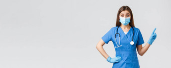 科维德防止病毒健康医疗保健工人概念感兴趣兴奋女医生护士蓝色的实习医生风云医疗面具通知病人指出手指上角落里