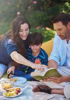最喜欢的故事读家庭拍摄父母阅读书儿子野餐公园