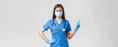 科维德防止病毒健康医疗保健工人检疫概念持怀疑态度怀疑女护士蓝色的实习医生风云医疗面具手套指出皱着眉头难以置信