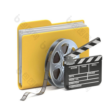 黄色的文件夹图标电影卷护墙板呈现插图孤立的白色背景