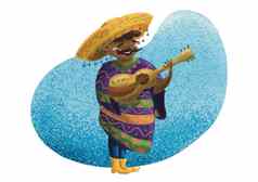 卡通墨西哥男人。戏剧吉他唱孤立的蓝色的背景