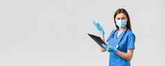 科维德防止病毒健康医疗保健工人检疫概念不高兴困扰女护士医生蓝色的实习医生风云医疗面具阅读废话剪贴板