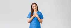 医疗保健工人防止病毒保险医学概念感动了受宠若惊女护士医生蓝色的实习医生风云倾斜头触摸心微笑赞美不错的手势