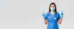 科维德防止病毒健康医疗保健工人概念自信女护士蓝色的实习医生风云医疗面具佩普指出手指通知病人防止电晕感染
