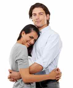 王子迷人的肖像年轻的夫妇拥抱孤立的白色背景拥抱