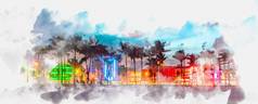 水彩绘画插图迈阿密海滩海洋开车全景酒店餐厅日落