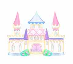 魔法童话公主城堡孤立的白色背景图形手画