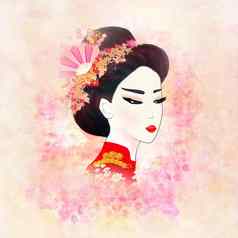 美丽的日本艺妓艺术肖像花粉红色的背景