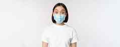 健康科维德流感大流行概念图像朝鲜文女人脸医疗面具惊讶反应惊讶站白色背景