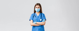 科维德防止病毒健康医疗保健工人检疫概念持怀疑态度有关女护士蓝色的实习医生风云听诊器个人保护设备可疑的