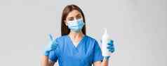 科维德防止病毒医疗保健工人概念女护士医生蓝色的实习医生风云医疗面具手套推荐肥皂洗手液冠状病毒感染