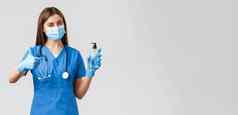 科维德防止病毒医疗保健工人检疫概念自信女护士医生蓝色的实习医生风云医疗面具保护设备翘拇指推荐手洗手液