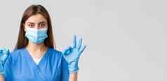 科维德防止病毒健康医疗保健工人检疫概念专业女护士医生诊所蓝色的实习医生风云医疗面具显示标志控制