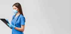 科维德防止病毒健康医疗保健工人检疫概念专业女护士医生常规的病人检查写作信息剪贴板