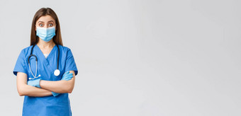 科维德防止病毒健康医疗保健工人检疫概念逗乐女医生护士蓝色的实习医生风云听诊器个人保护设备感兴趣