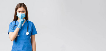 科维德防止病毒健康医疗保健工人检疫概念愤怒的女护士蓝色的实习医生风云医疗面具警告的<strong>声音安静</strong>的嘘声相机