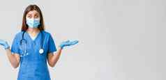 科维德防止病毒健康医疗保健工人检疫概念惊讶兴奋女护士医生蓝色的实习医生风云医疗面具传播手横盘整理逗乐