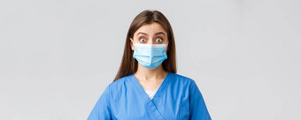 科维德防止病毒健康医疗保健工人检疫概念惊讶女护士医生蓝色的实习医生风云医疗面具盯着震惊了兴奋相机