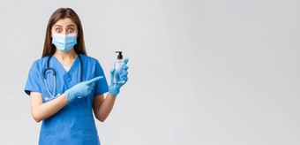 科维德防止病毒健康医疗保健工人检疫概念热情的女护士医生蓝色的实习医生风云医疗面具手套指出手洗手液惊讶
