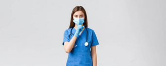 科维德防止病毒健康医疗保健工人检疫概念的声音女护士蓝色的实习医生风云医疗面具手套嘘声新闻手指嘴唇