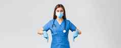 科维德防止病毒健康医疗保健工人检疫概念确定女护士医生蓝色的实习医生风云医疗面具手套指出手指显示信息横幅
