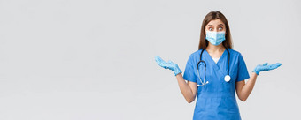 科维德防止病毒健康医疗保健工人检疫概念惊讶兴奋女护士医生蓝色的实习医生风云医疗面具传播手横盘整理逗乐