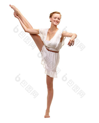 芭蕾<strong>舞美</strong>完整的长度拍摄华丽的年轻的女人优雅的芭蕾舞构成白色背景