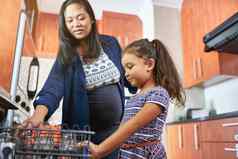 洗碗使容易拍摄怀孕了妈妈。女儿洗碗机厨房