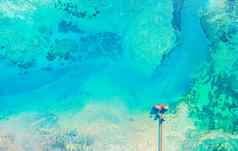 美丽的加勒比海滩多米尼加共和国空中摘要视图热带田园夏天景观清晰的透明的蓝色的海水木红色的码头