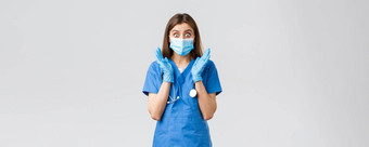 科维德防止病毒健康医疗保健工人检疫概念惊讶震惊了女护士蓝色的实习医生风云医疗面具喘气惊讶相机