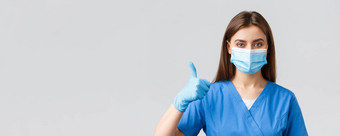 科维德防止病毒健康医疗保健工人检疫概念自信支持女护士医生蓝色的实习医生风云医疗面具竖起大拇指批准推荐