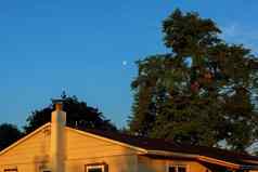 美丽的蓝色的天空月亮屋顶房子
