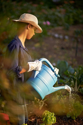 <strong>滋养</strong>花园拍摄年轻的女人浇水花园