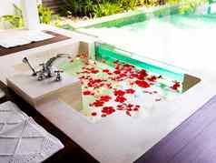 准备好了放松现代浴室浴浴缸完整的花花瓣水疗中心度假胜地