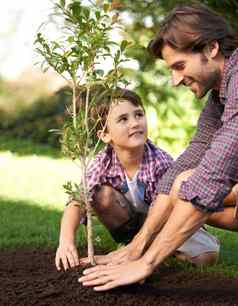 学习园艺爸爸拍摄男孩爸爸种植树花园