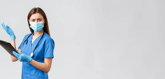 科维德防止病毒健康医疗保健工人检疫概念不高兴困扰女护士医生蓝色的实习医生风云医疗面具阅读废话剪贴板
