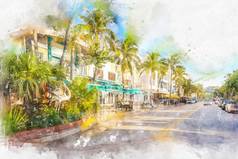 水彩绘画插图著名的海洋开车街早....迈阿密南海滩佛罗里达