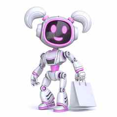 可爱的粉红色的女孩机器人白色购物袋