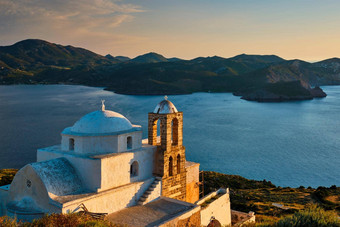 希腊正统的教堂Plaka村米洛斯岛岛日落希腊