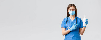 科维德防止病毒健康医疗保健工人检疫概念年轻的漂亮的女护士医生蓝色的实习医生风云医疗面具手套指出手洗手液肥皂