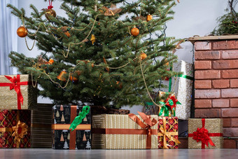 圣诞节树完整的礼物打开圣诞节一天传统的圣诞节热烈装饰生活房间首页